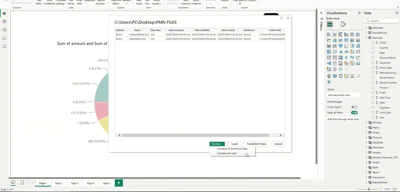 The Combine menu, offering Combine & Transform Data or Combine & Load — Transform first is the safer choice for catching formatting issues early.