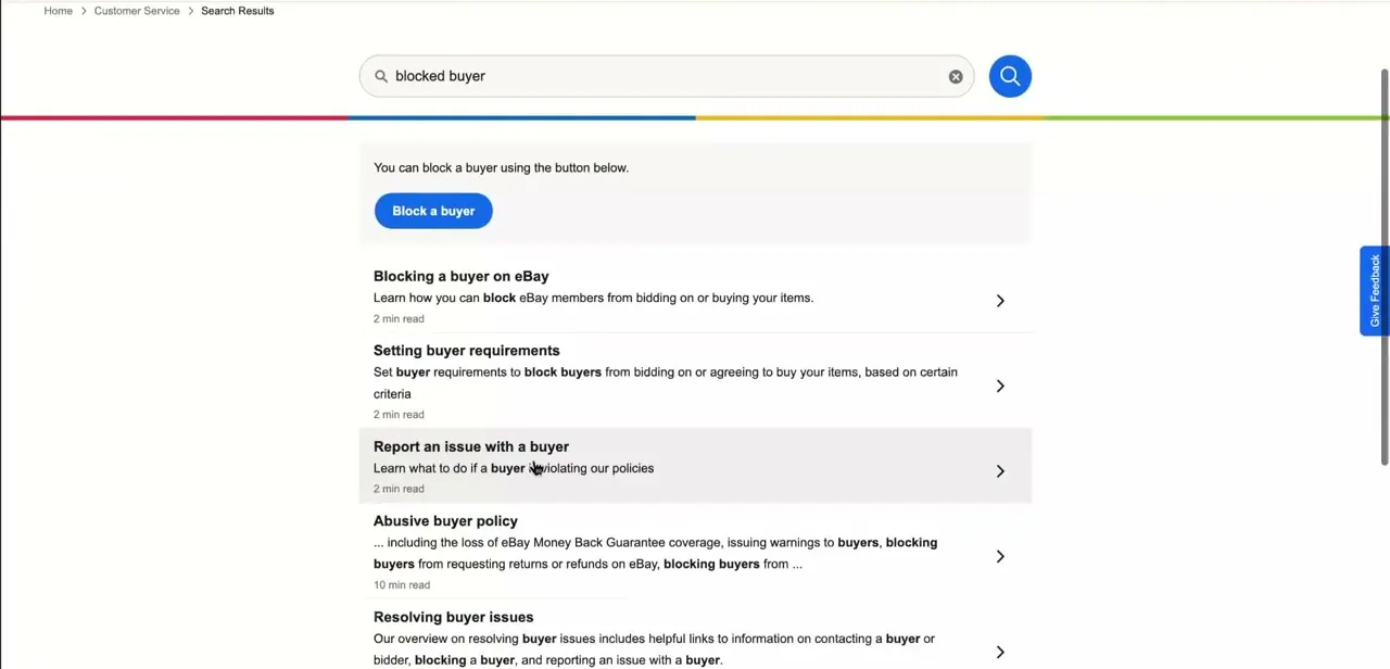 eBay Help Center results for "blocked buyer," linking Buyer Management to related policies like buyer requirements and the abusive buyer policy.