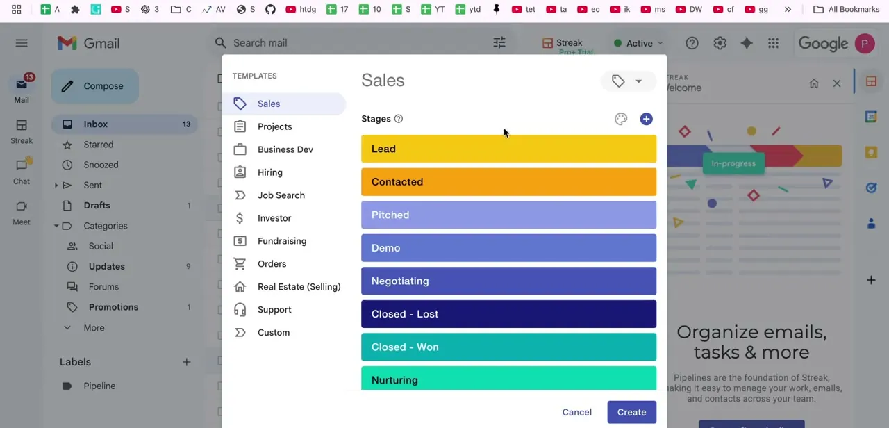 Streak's Sales pipeline template, with color-coded stages from Lead through Closed - Won ready to customize before creating it.