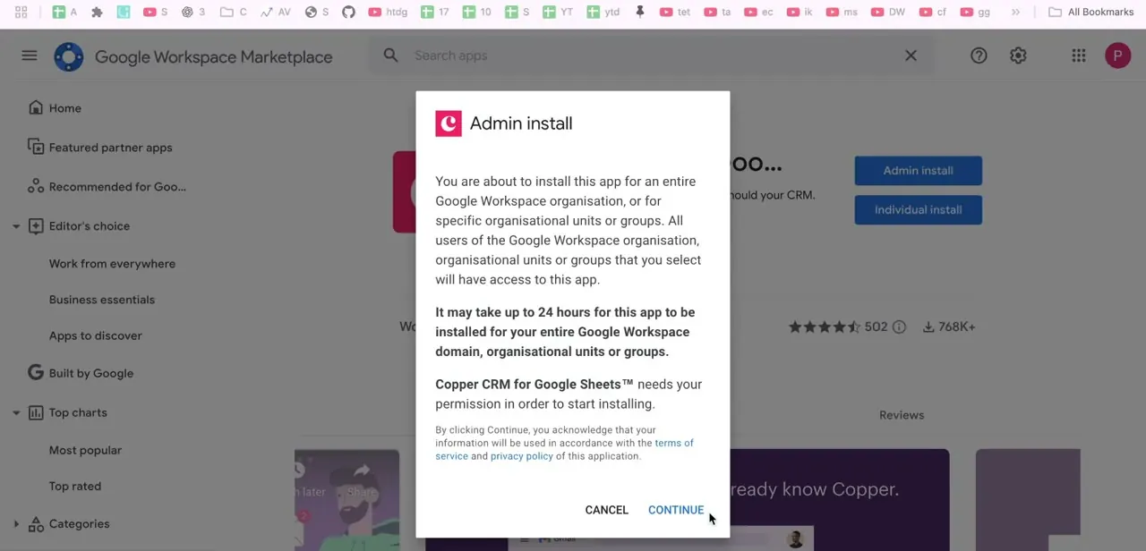 Copper's Marketplace install prompt, choosing between an org-wide Admin install and a single-user Individual install.