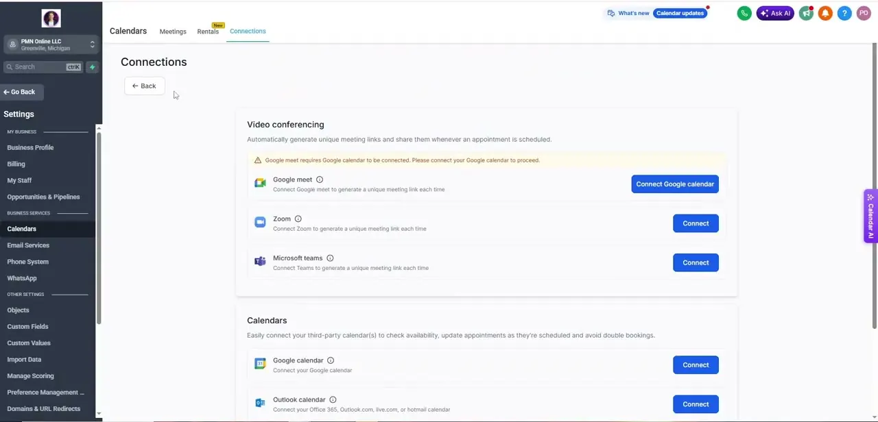 The Video conferencing section, listing Google Meet, Zoom, and Microsoft Teams with individual Connect buttons for each provider.