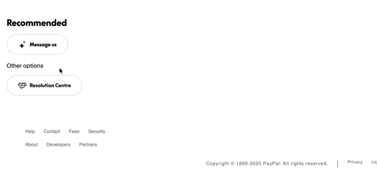 PayPal's help footer, offering a Message us AI assistant and a Resolution Centre link — the two direct paths to a human or automated review if the block doesn't clear on its own.