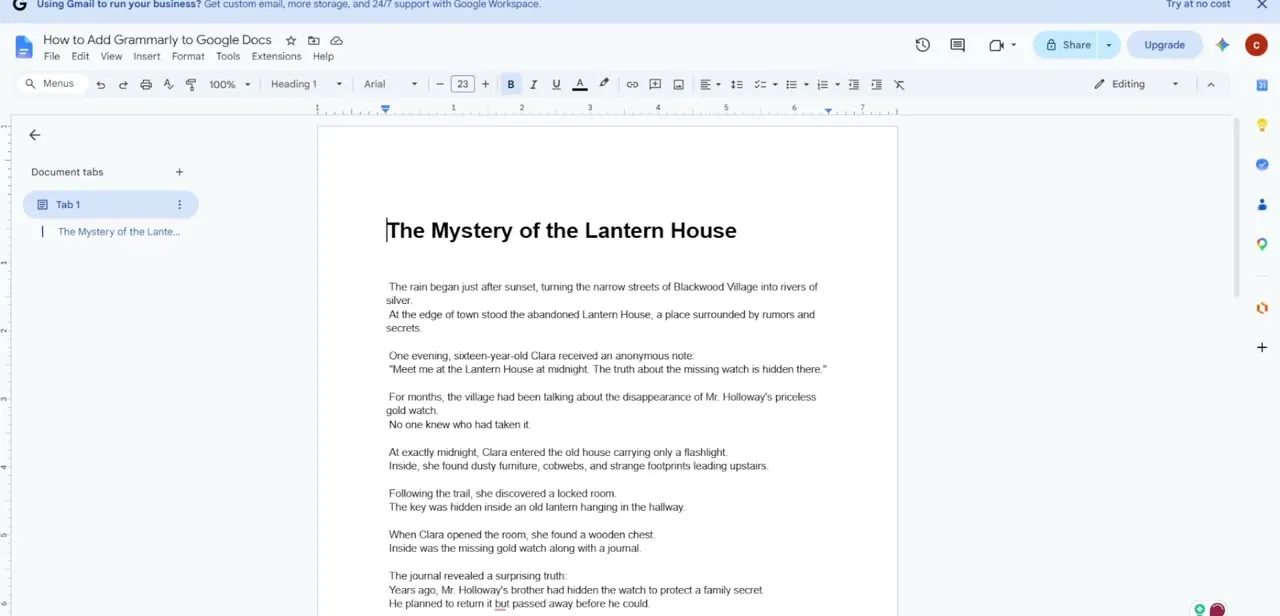 A Google Doc with a short story drafted, and Grammarly's floating green icon appearing next to the cursor at the end of the title line.