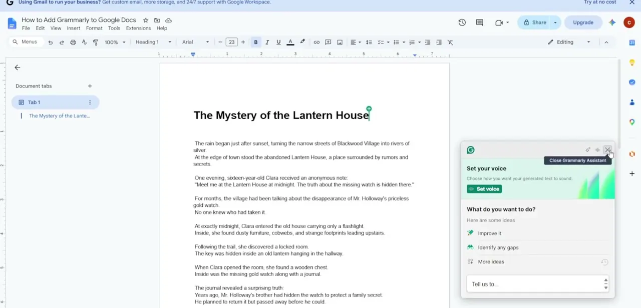 Grammarly's expanded assistant panel inside Google Docs, offering a Set your voice option and quick actions like Improve it, Identify any gaps, and More ideas.