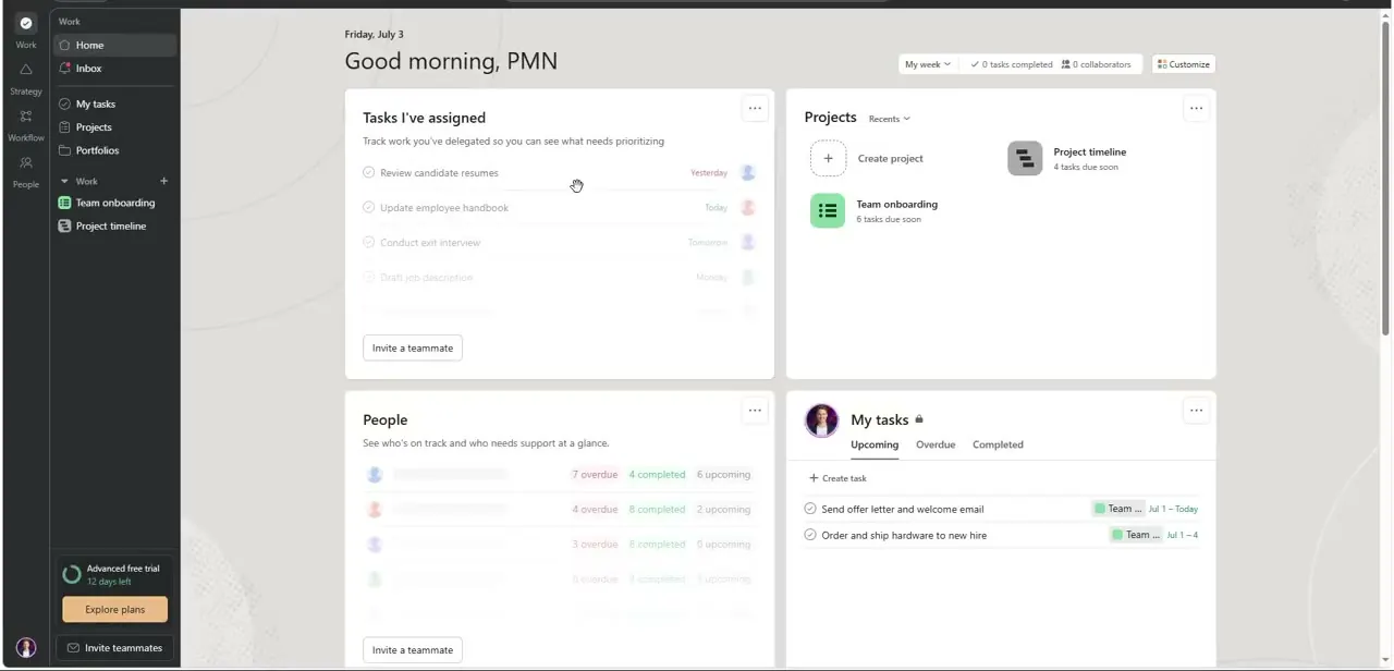 Asana's Home dashboard greets you by name and surfaces assigned tasks, active projects, and team status in one glance, with Portfolios sitting a click away in the sidebar.
