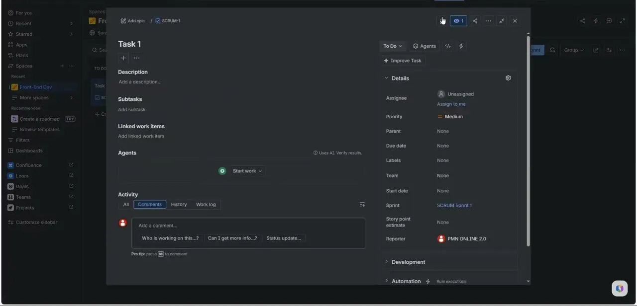 A Jira issue view for SCRUM-1, with description, subtasks, linked items, and an Agents panel on the left, and full assignee, priority, and sprint details down the right-hand rail.