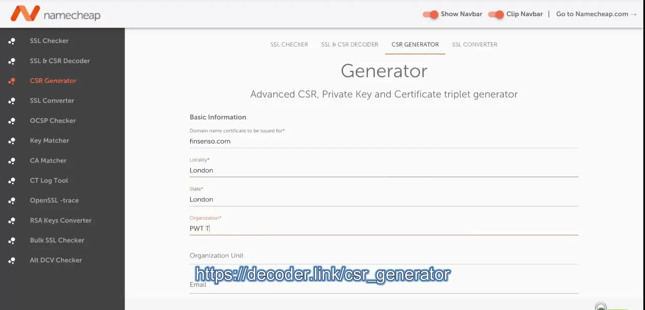 A CSR generator tool, with the domain name, locality, state, and organization fields filled in before generating the certificate request.