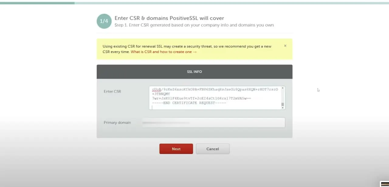 Step 1 of the Namecheap activation wizard, with the CSR pasted into the SSL Info box and the primary domain field below it.