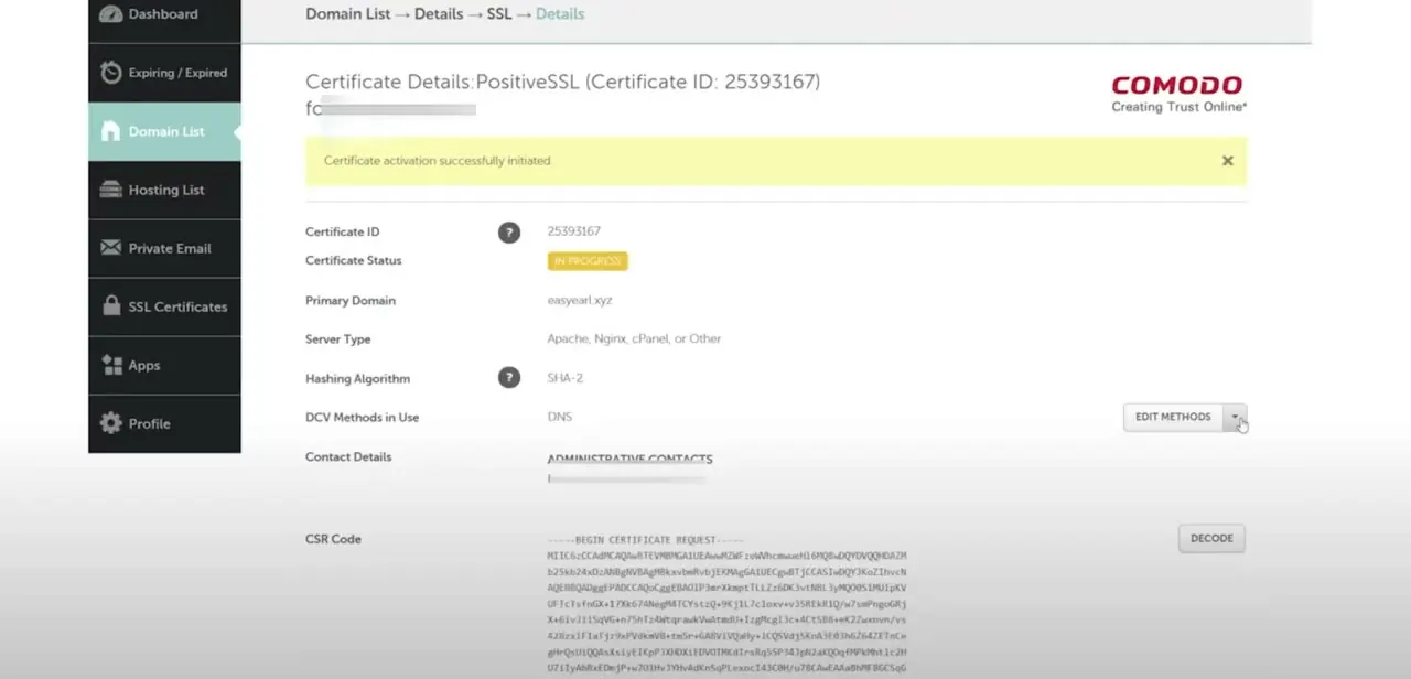 A certificate's Details page showing status "In Progress" with DNS as the DCV method in use.
