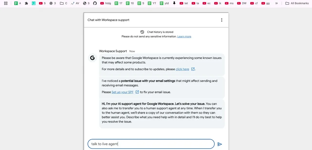 The AI support agent's opening message, offering to resolve the issue itself or connect you to a live agent, with a "talk to live agent" request already typed in.