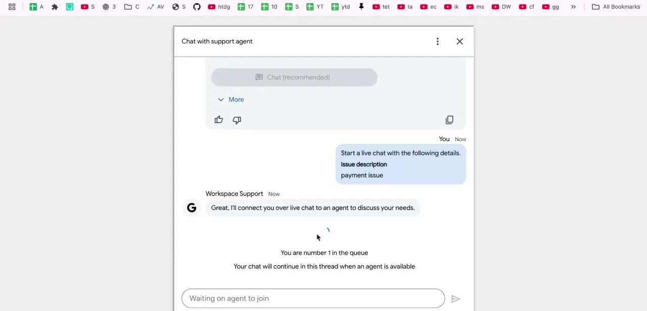 The queue screen after requesting a live agent: "You are number 1 in the queue," with the chat set to continue automatically once someone joins.