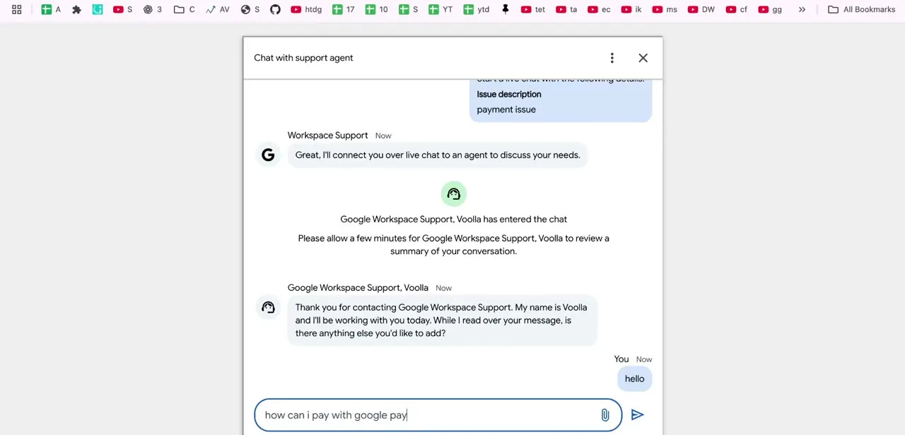 A live agent, Voolla, joining the chat after reviewing the AI conversation summary, with a follow-up question being typed about payment methods.
