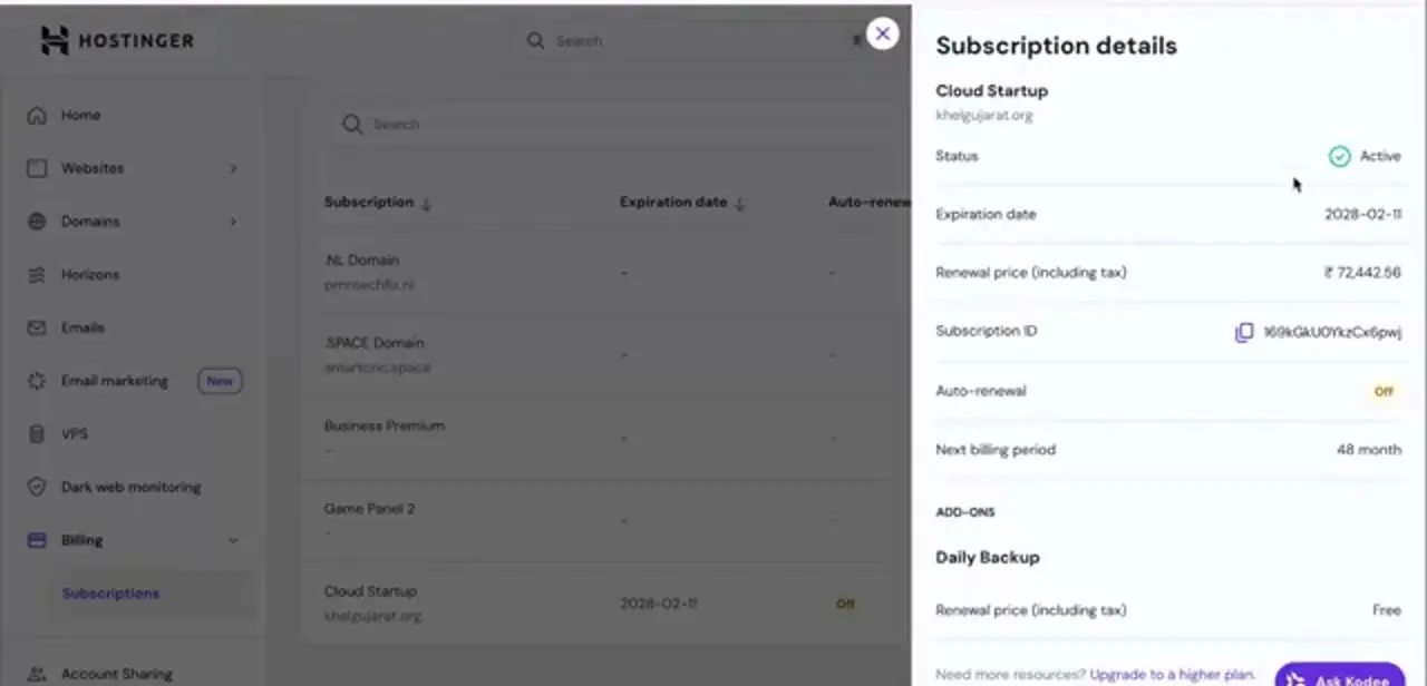 The Subscription details panel for a Cloud Startup plan, showing its expiration date, renewal price including tax, and auto-renewal status.