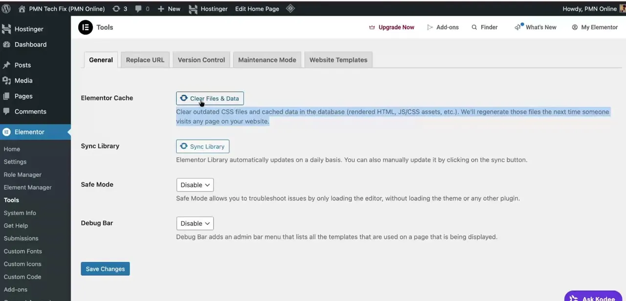 Elementor's Tools → General screen. "Clear Files & Data" under Elementor Cache removes outdated CSS and cached data — fresh files regenerate on the next page visit.