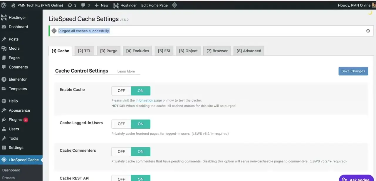 LiteSpeed Cache Settings after a purge, confirmed by the "Purged all caches successfully" notice. This is a separate cache layer from Elementor's own — both need clearing.