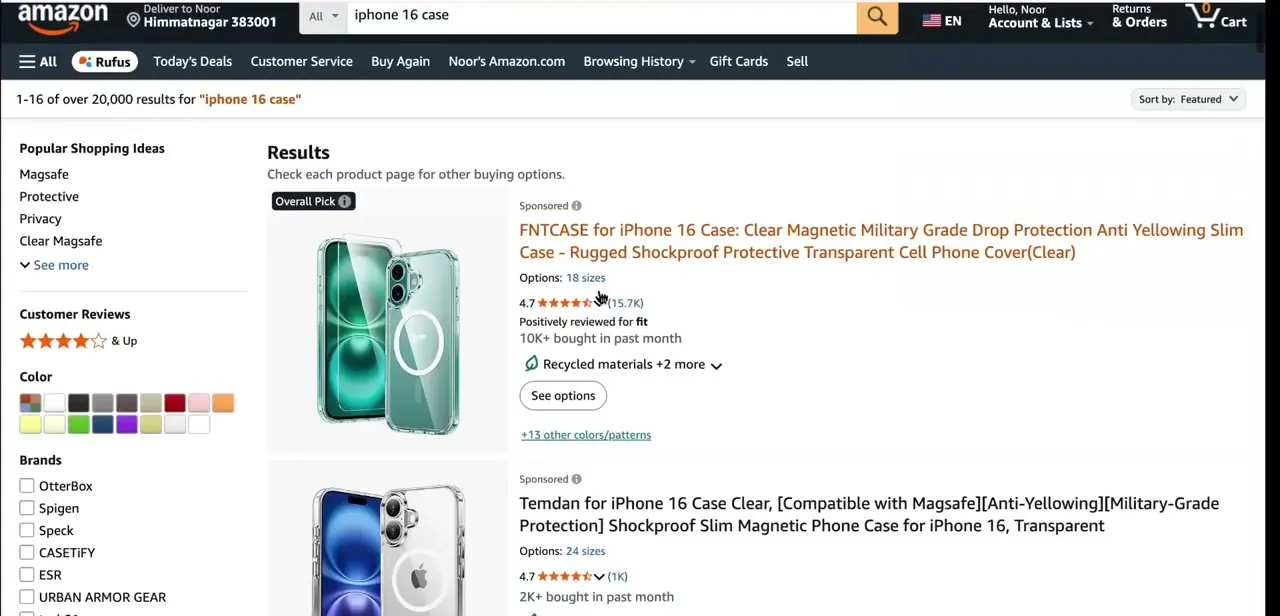 Searching Amazon for a matching product listing before pulling its reviews — ratings and review counts are visible right in the results.