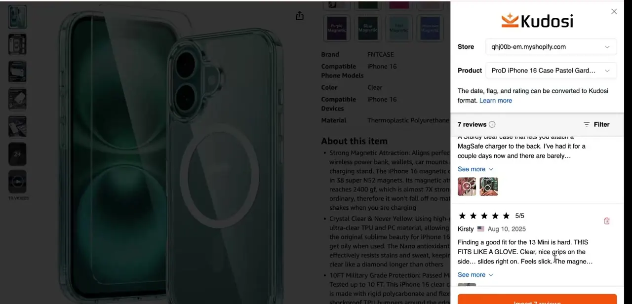 The review extension's side panel on an Amazon product page, showing the connected Shopify store, the target product, and a list of reviews found on the listing.