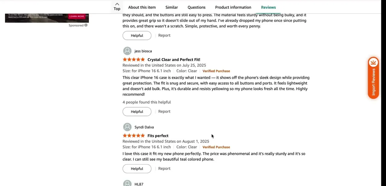 Amazon's Reviews tab with the extension's floating Import Reviews button, ready to pull selected reviews back into the connected Shopify product.