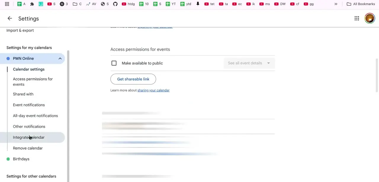 The calendar-specific settings sidebar in Google Calendar, with Integrate calendar listed alongside Access permissions and Shared with.