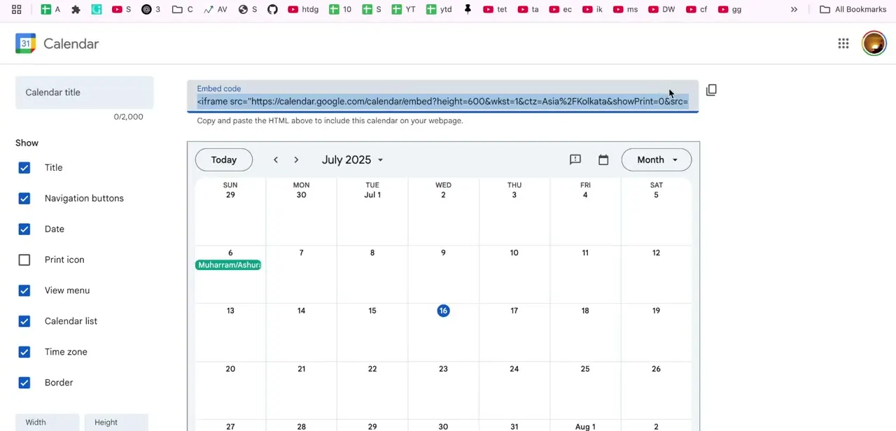 The Integrate calendar screen, showing the embed code field and a live month-view preview of the calendar you're about to add to your site.