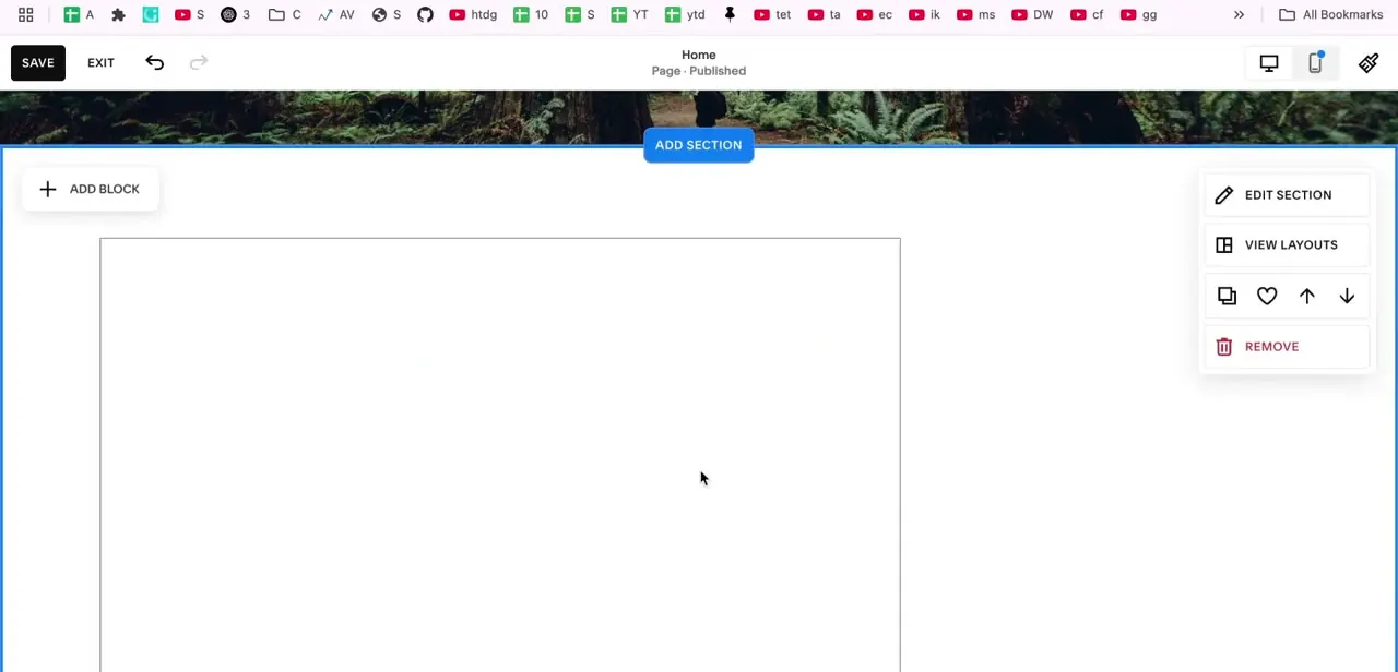 Squarespace's page editor in editing mode, with Add Section and Add Block controls visible. This is where you add a Code Block to hold the pasted iframe.