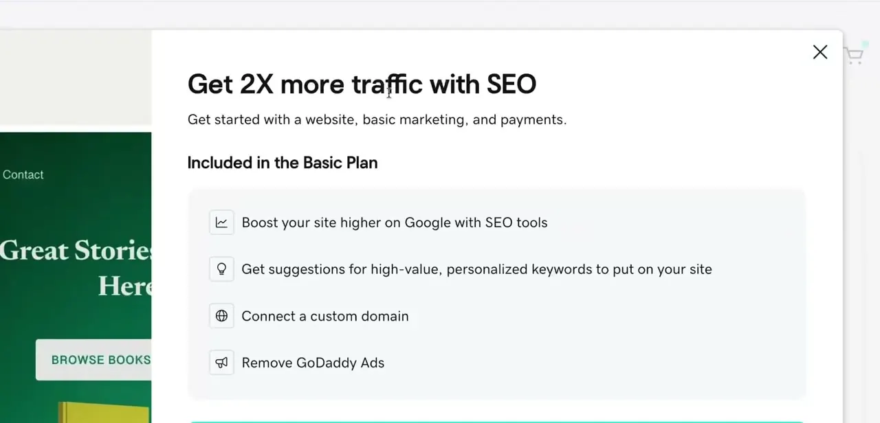 The "Get 2X more traffic with SEO" upgrade panel, listing keyword suggestions, custom domain support, and ad removal as part of the Basic plan.