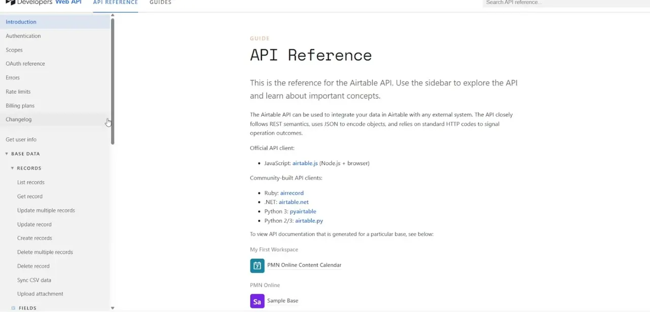 The API Reference introduction page, listing bases by workspace. Clicking a base card opens documentation generated specifically for that base, with its Base ID shown at the top.