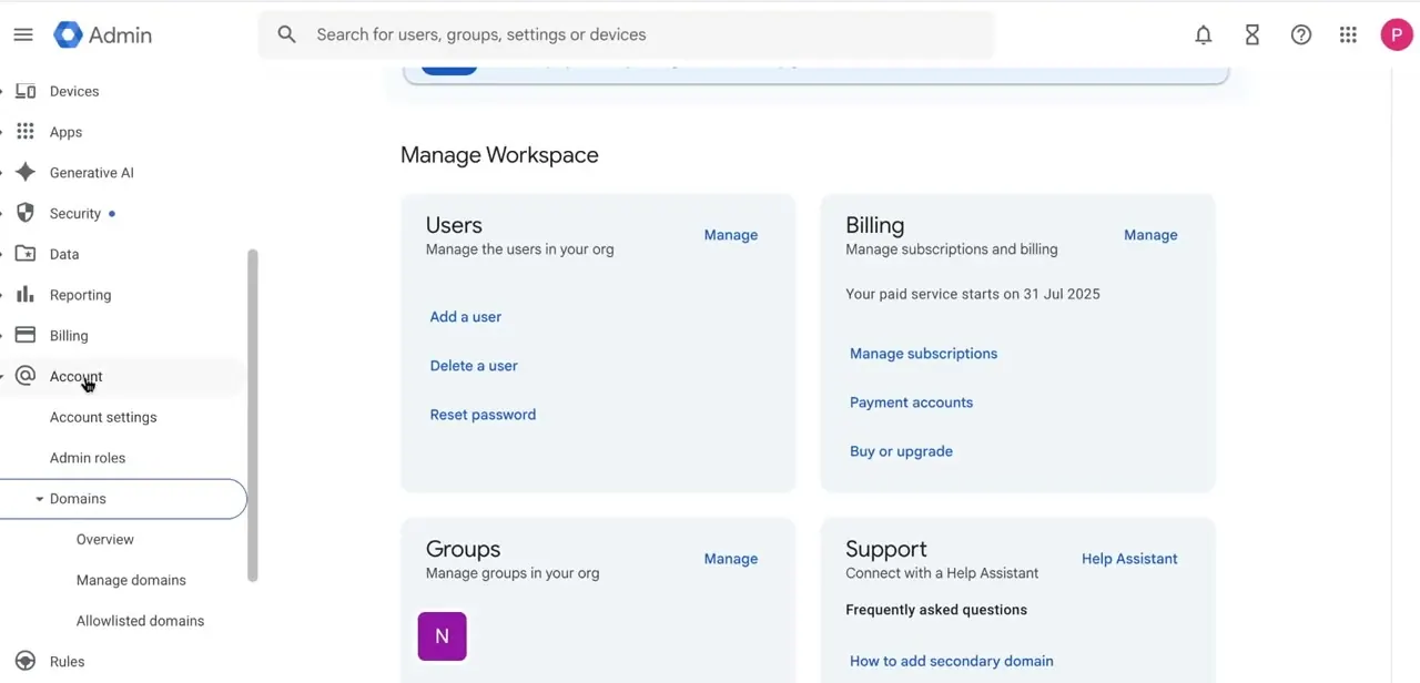 The Admin Console's Account section with Domains expanded, showing Overview, Manage domains, and Allowlisted domains.