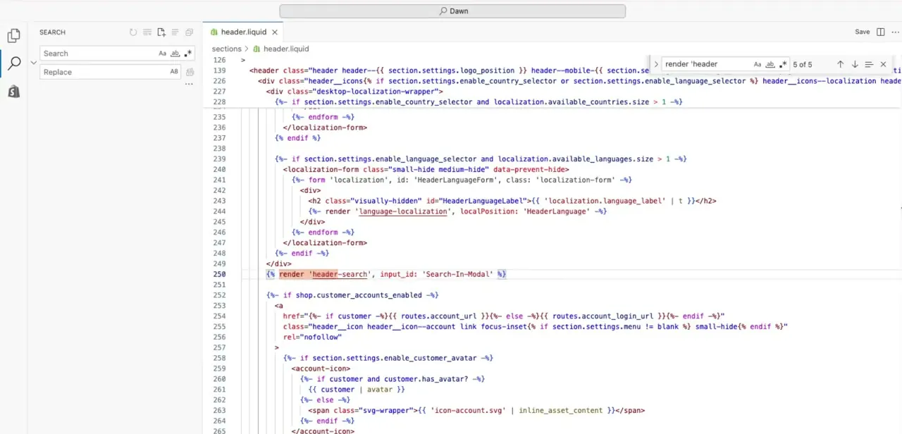 header.liquid open in the code editor, with the render 'header-search' line located via the file's built-in search.