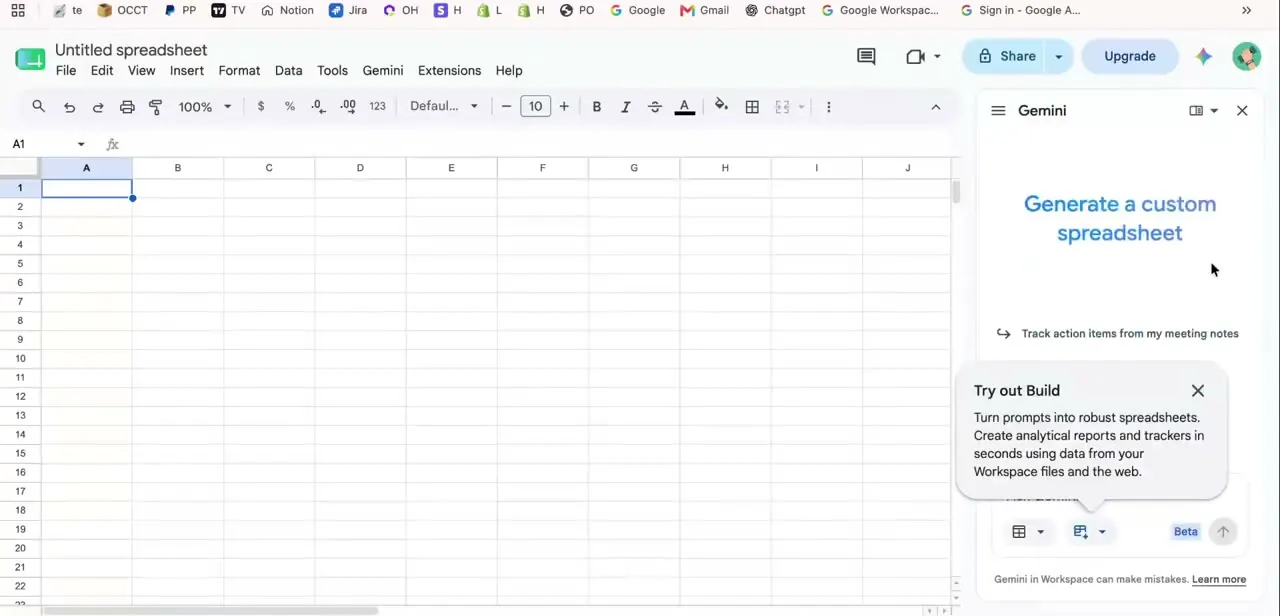 The Gemini panel open in a blank Google Sheet, prompting you to generate a custom spreadsheet from a plain-language request.