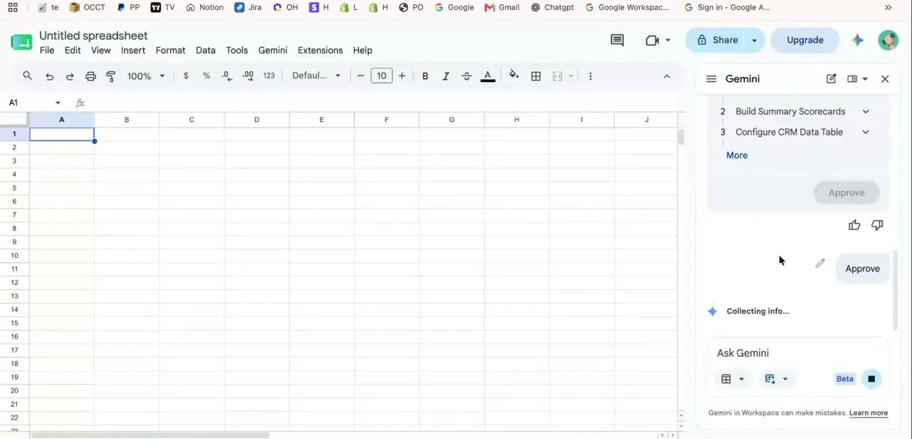 Gemini's proposed build plan for the CRM, listing numbered steps like Build Summary Scorecards and Configure CRM Data Table, with an Approve button.