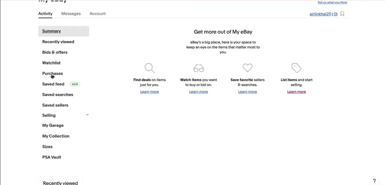 The My eBay Activity page sidebar, with Selling listed among Bids & offers, Watchlist, and Purchases, the path into your listings and their settings.