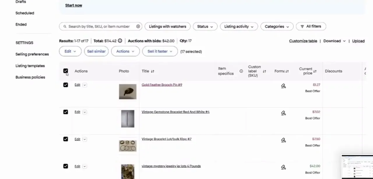 The Seller Hub Active listings table, with checkboxes for bulk selection and the Actions button above the table, alongside Selling preferences in the sidebar.