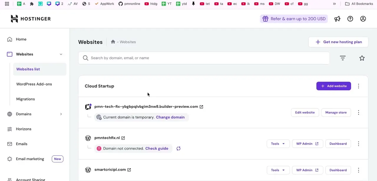 The Websites list in hPanel, showing multiple domains under one hosting plan along with their connection status.