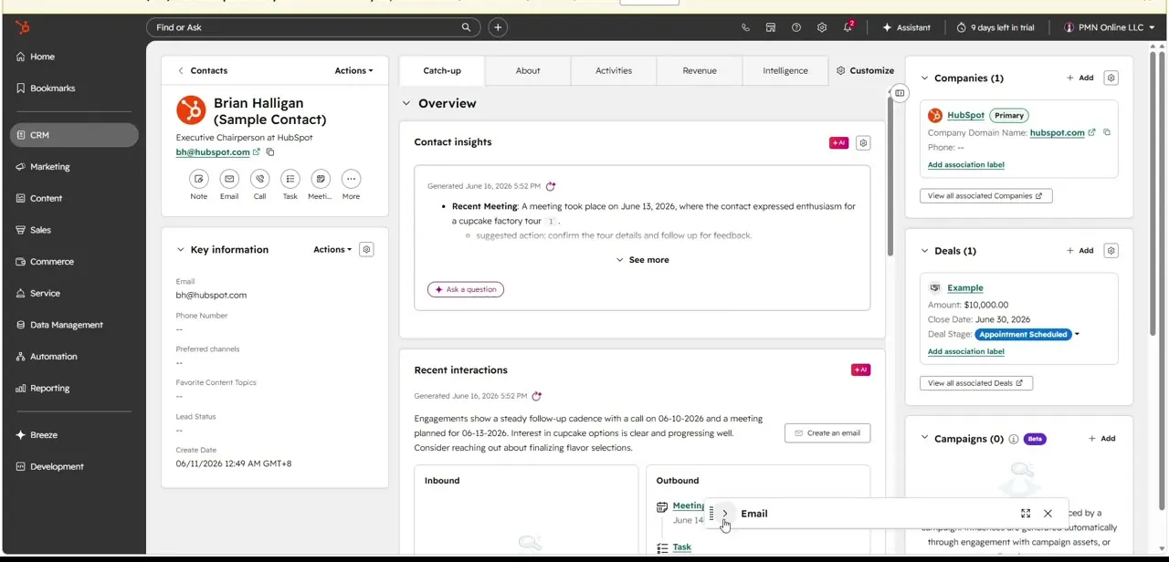 A contact record's Overview tab, showing an AI-generated Contact Insights summary and Recent Interactions, alongside associated Companies and Deals panels.