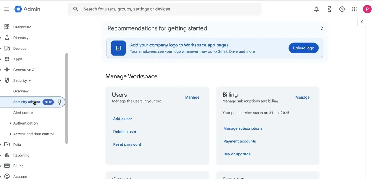 The Security section of the Admin Console menu, expanded to show Security advisor and the Authentication submenu where 2-step verification lives.