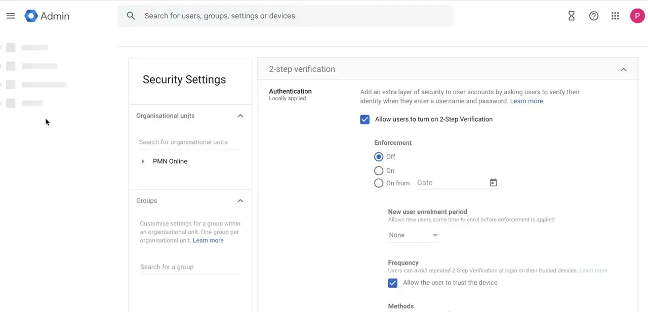 The 2-step verification panel, showing the Enforcement options, plus device trust and enrollment settings below.