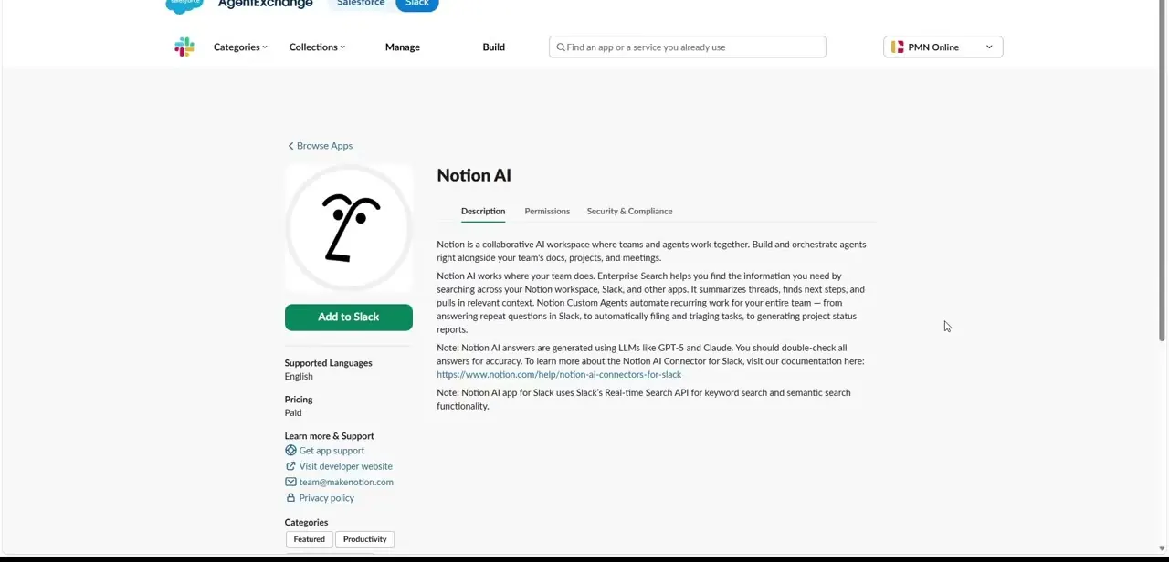 The Notion AI listing inside Slack's AgentExchange app directory, showing it as a paid Featured and Productivity app.
