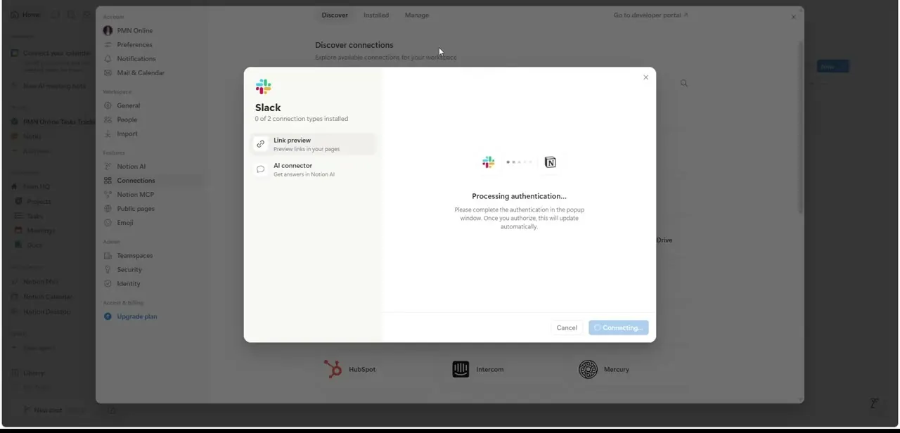 The Slack connection card inside Notion's Discover connections modal, mid-authentication with a popup window open to Slack.