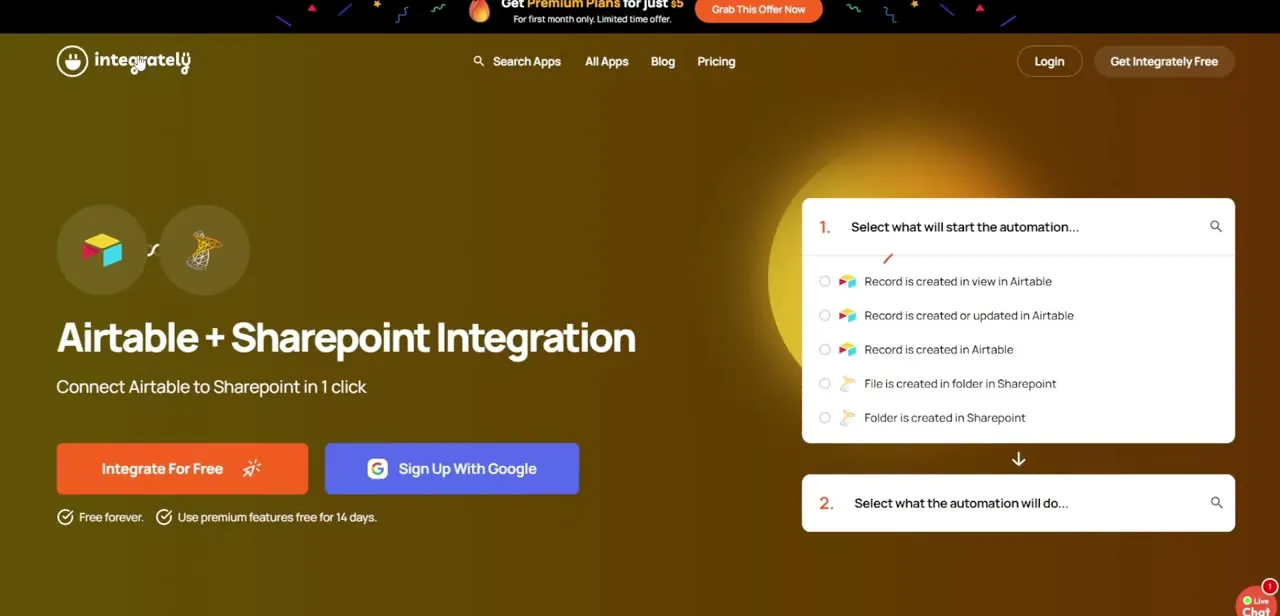 Integrately's setup screen for the same pairing, listing trigger options like a record being created or updated in Airtable, or a file or folder being created in SharePoint.