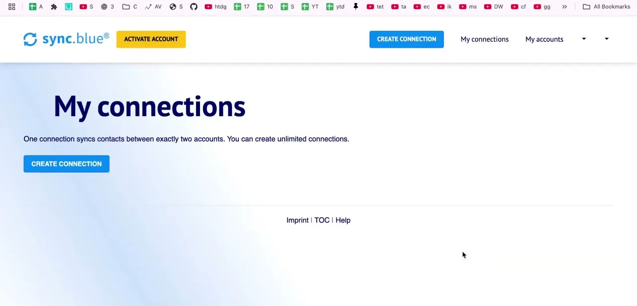 The sync.blue "My connections" page — a fresh account with no connections yet, and the button that starts pairing two accounts together.
