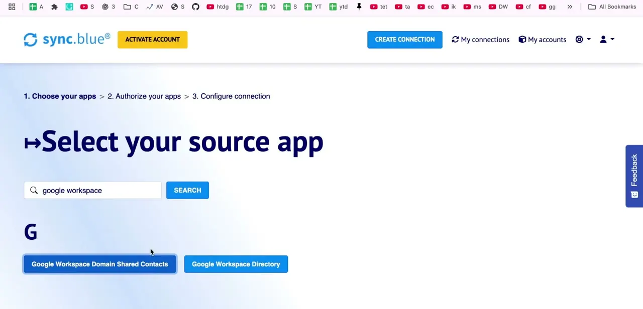 Step 1 of the connection wizard: searching for and selecting the specific Google Workspace data source to sync from.