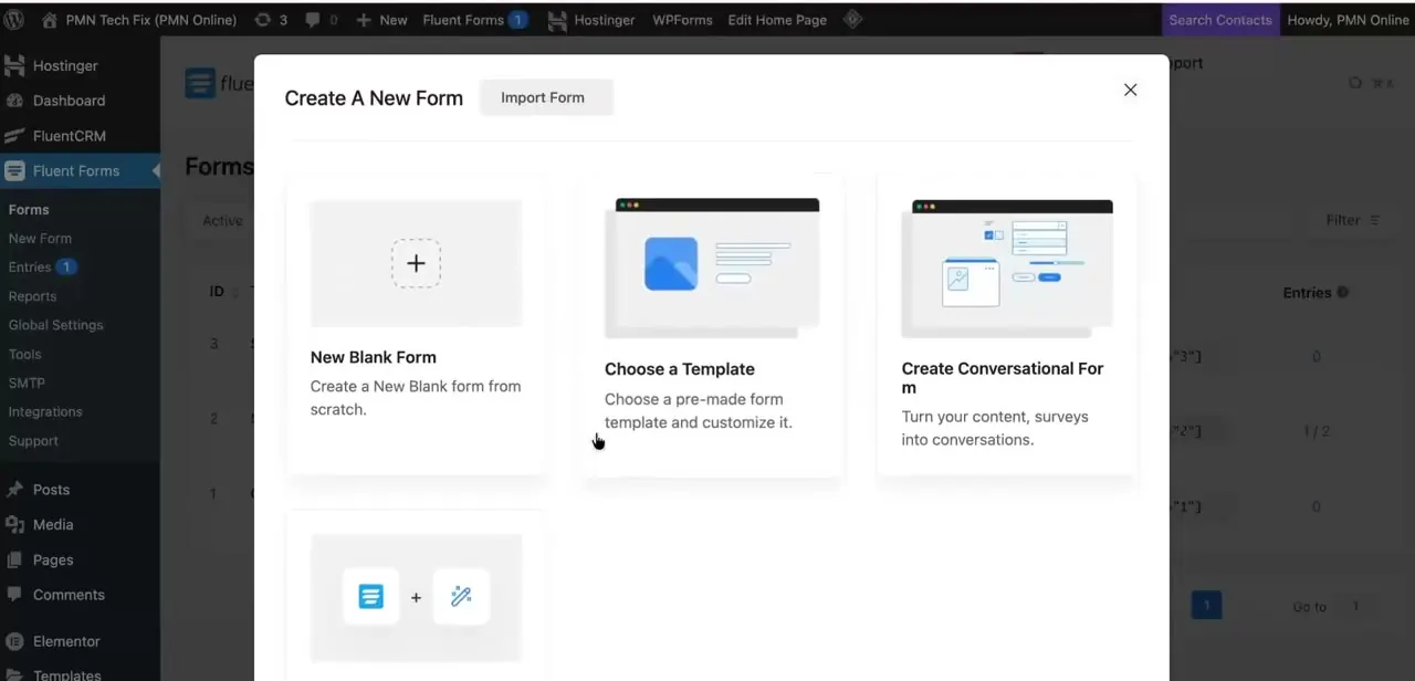 Fluent Forms' Create A New Form screen — New Blank Form, Choose a Template, or Create Conversational Form. A blank form is the quickest route to a simple email signup.