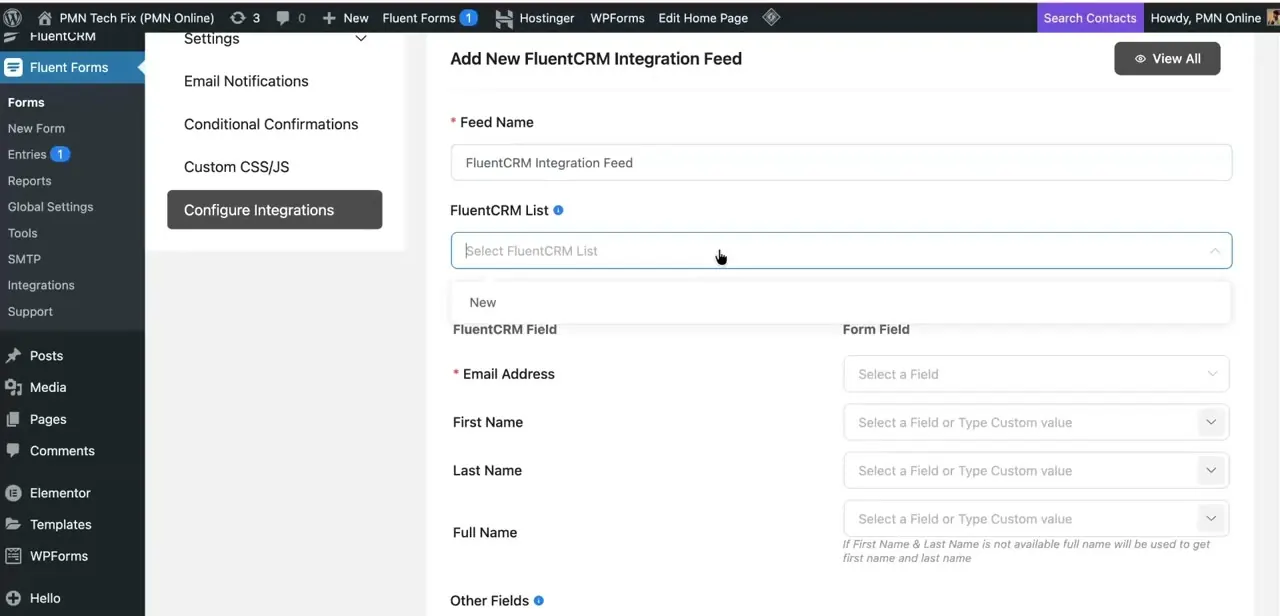 Adding a FluentCRM Integration Feed to the form. The Email Address field mapping is required — First Name, Last Name, and Full Name are optional but useful for personalized emails later.