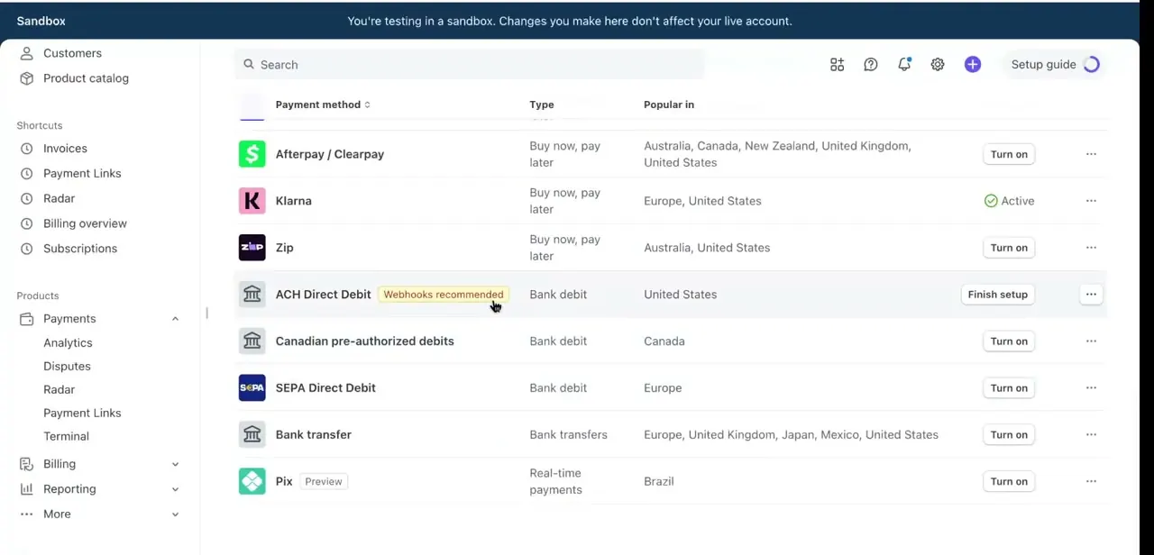 The Payment methods list in Stripe, with ACH Direct Debit tagged "Webhooks recommended" and a Finish setup button next to Klarna, SEPA Direct Debit, and Pix.