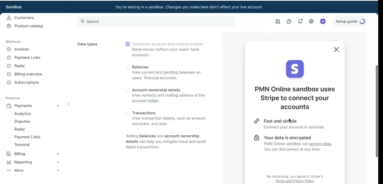 The Stripe Financial Connections setup panel, showing optional data types like Balances, Account ownership details, and Transactions alongside the required tokenized account and routing number.