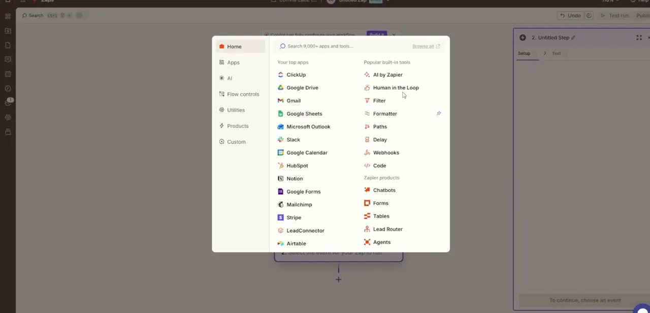 Zapier's app picker for a trigger step. Airtable appears in the app list alongside Gmail, Slack, Google Sheets, and other common integrations.