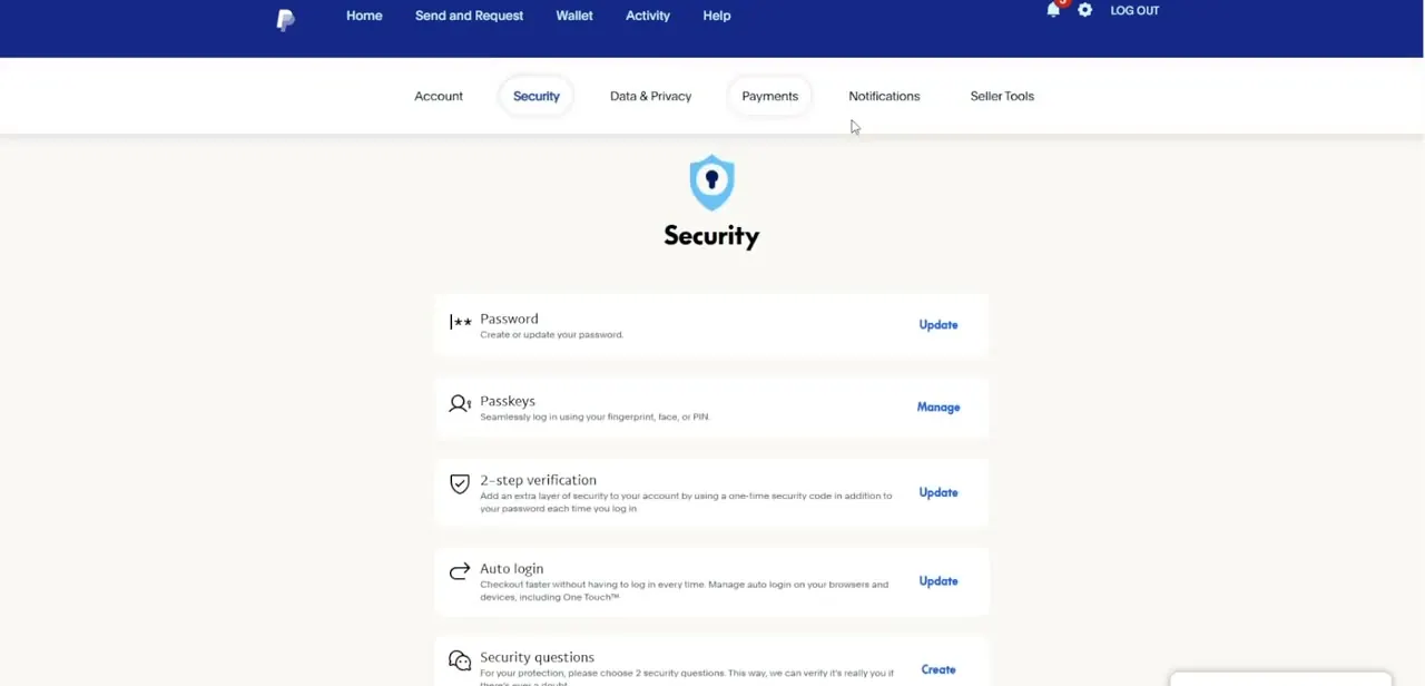 The Settings tab bar — Account, Security, Data & Privacy, Payments, Notifications, and Seller Tools — with Security open here to show how the sections are laid out.