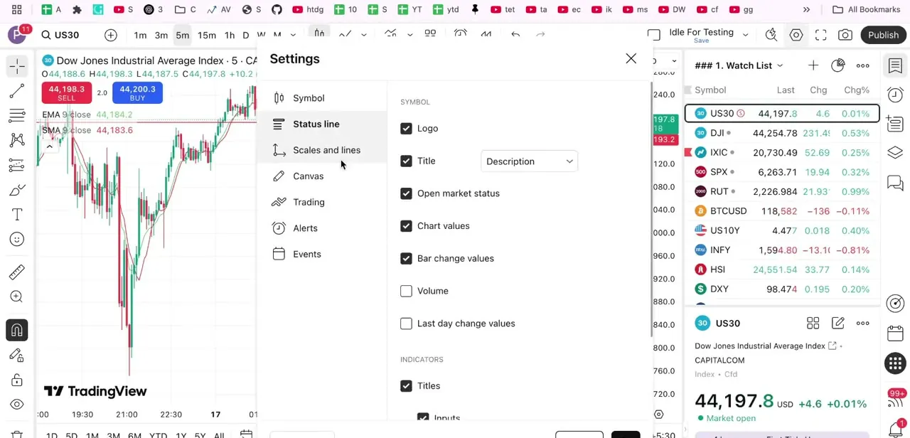 The Settings overlay with its tab list on the left. Canvas, a few tabs down from Status line, is where text and scale formatting live.
