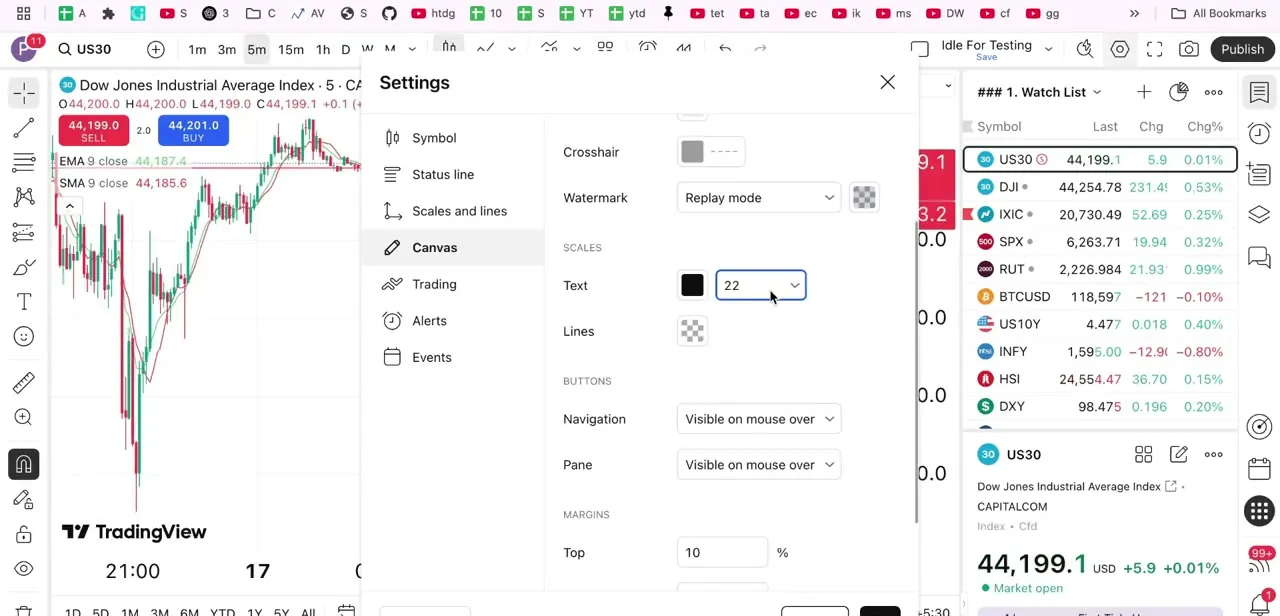 The Canvas tab's Scales section, with the Text field showing a font size of 22 next to its color swatch.